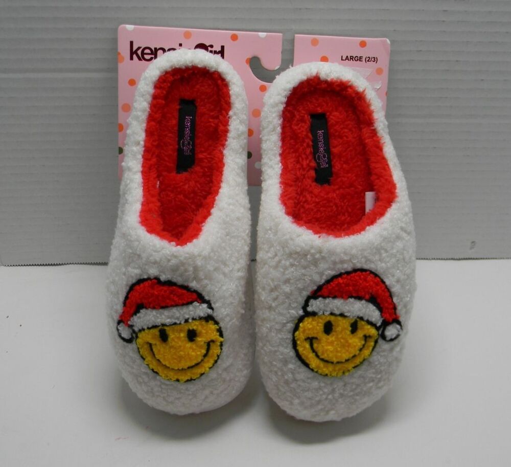 Kensie Girl's Slippers Christmas Happy Face Holiday Size Lrg 2/3 NWT